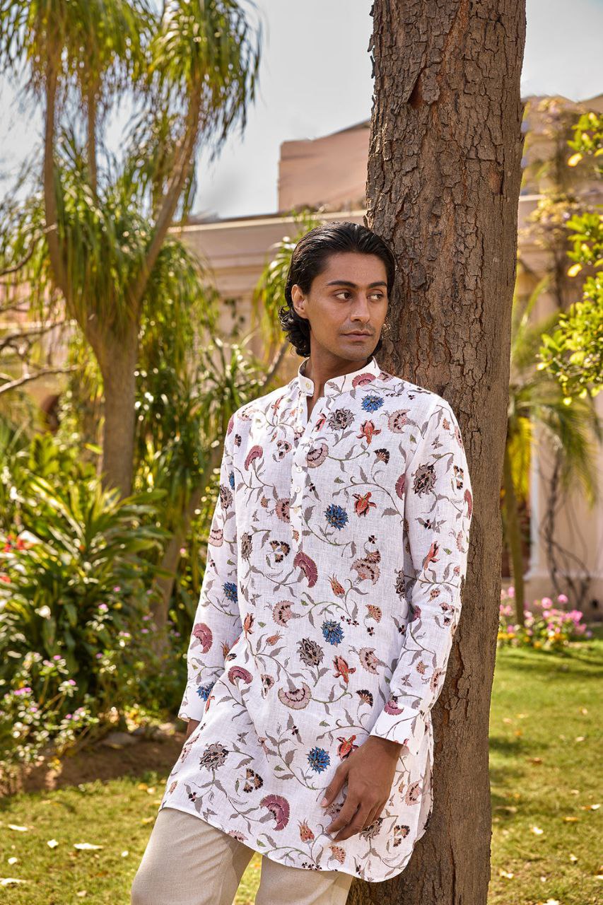 JAIPUR WHITE PRINTED KURTA WITH PAJAMA SET FOR MEN