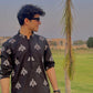 BLACK FLORAL EMBROIDERED PARIJAAT KURTA WITH PAJAMA SET FOR MEN