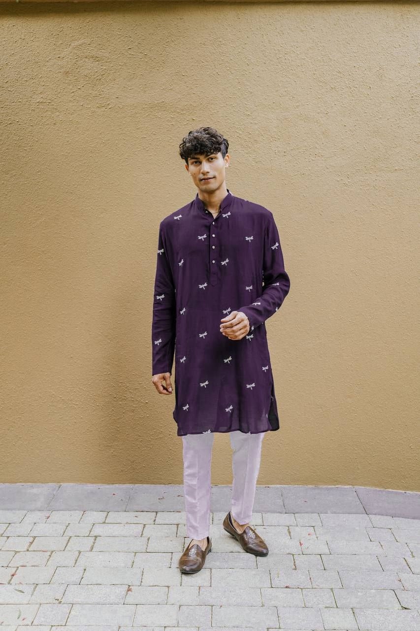 PURPLE DRAGON FLY EMBROIDEREY WORK KURTA WITH PAJAMA SET FOR MEN