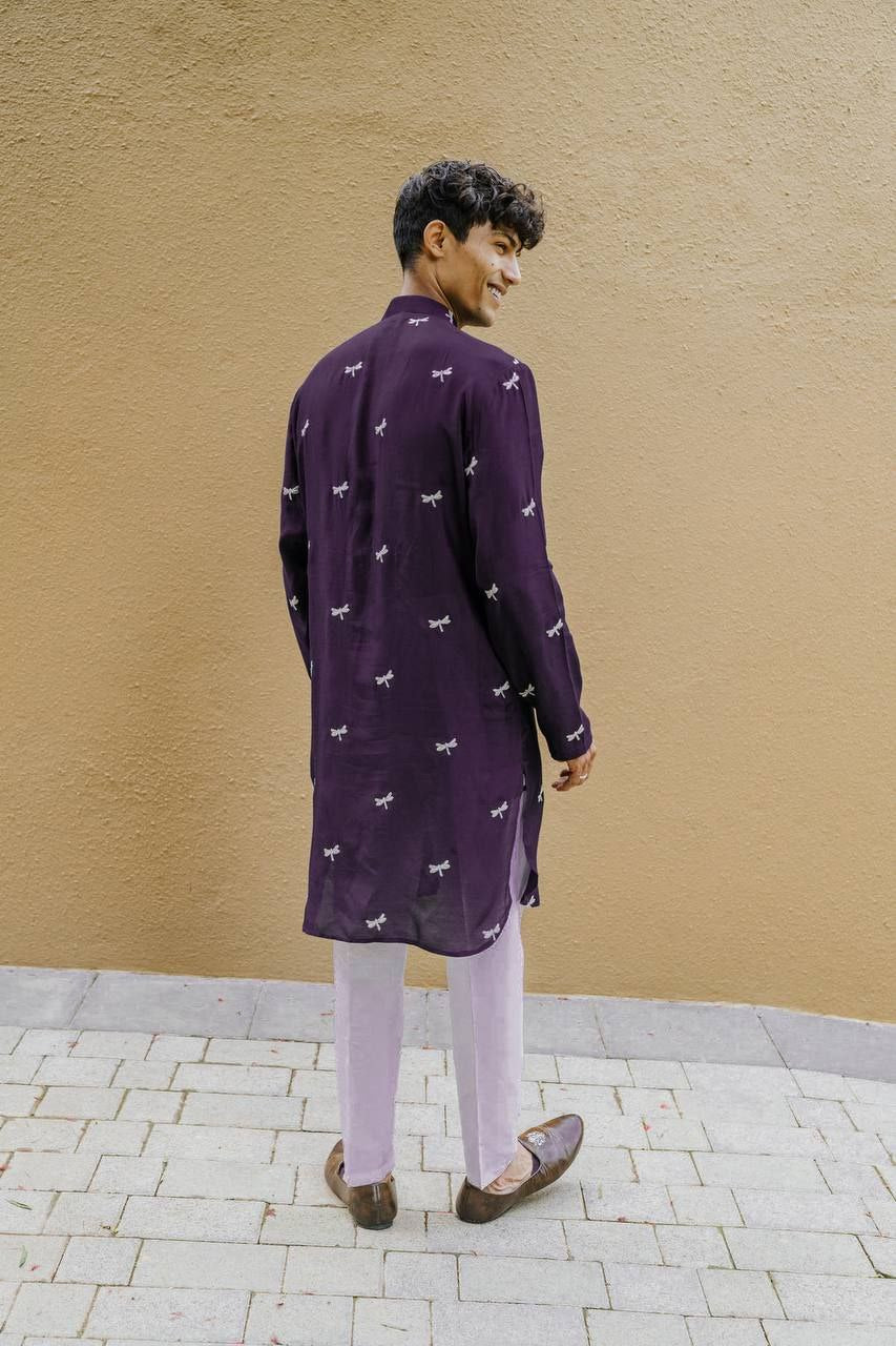 PURPLE DRAGON FLY EMBROIDEREY WORK KURTA WITH PAJAMA SET FOR MEN