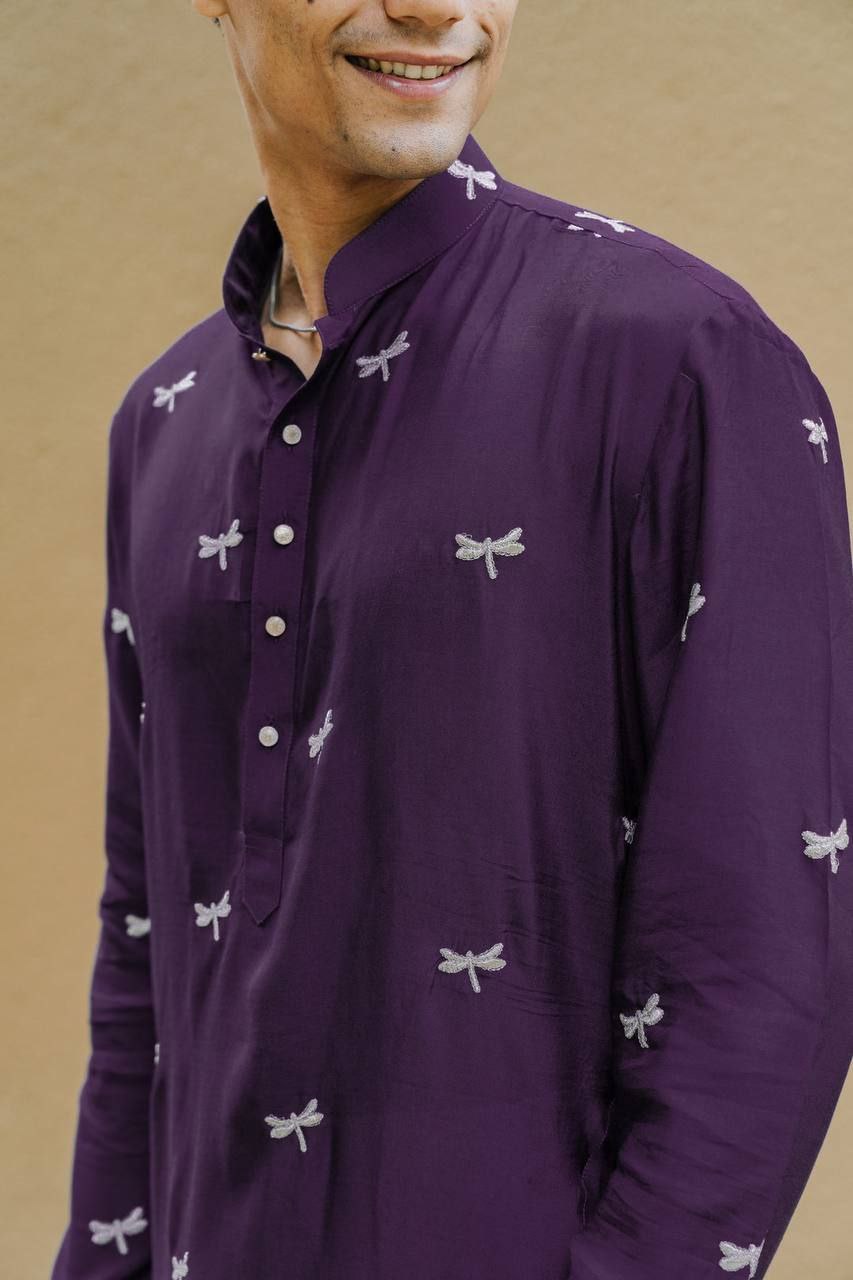 PURPLE DRAGON FLY EMBROIDEREY WORK KURTA WITH PAJAMA SET FOR MEN