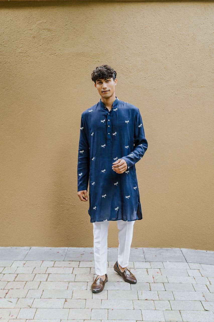 NAVY BLUE DRAGON FLY EMBROIDERY WORK KURTA WITH PAJAMA SET FOR MEN