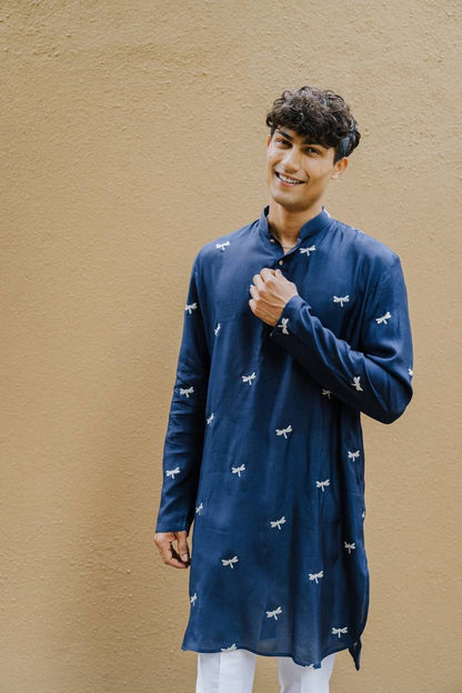 NAVY BLUE DRAGON FLY EMBROIDERY WORK KURTA WITH PAJAMA SET FOR MEN