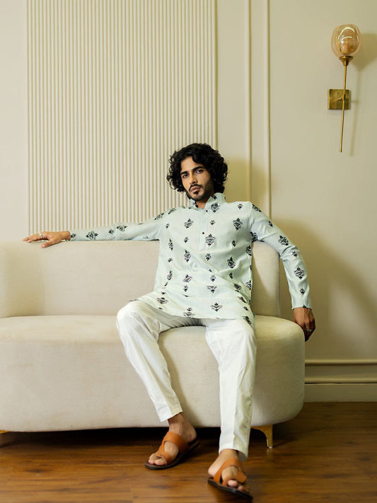 ICE Blue Buti Embroidered Work Men's Kurta with Pajama