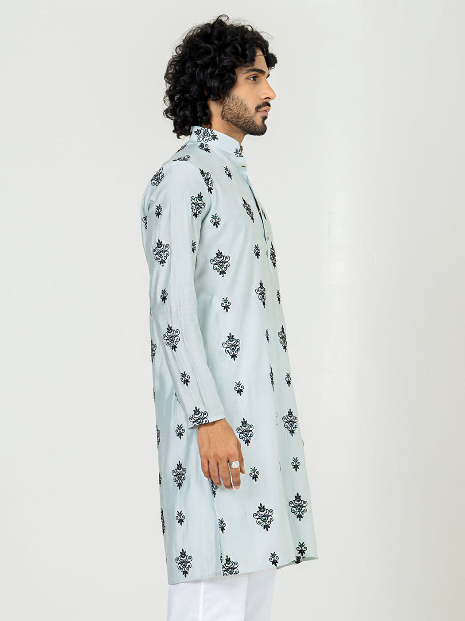 ICE Blue Buti Embroidered Work Men's Kurta with Pajama