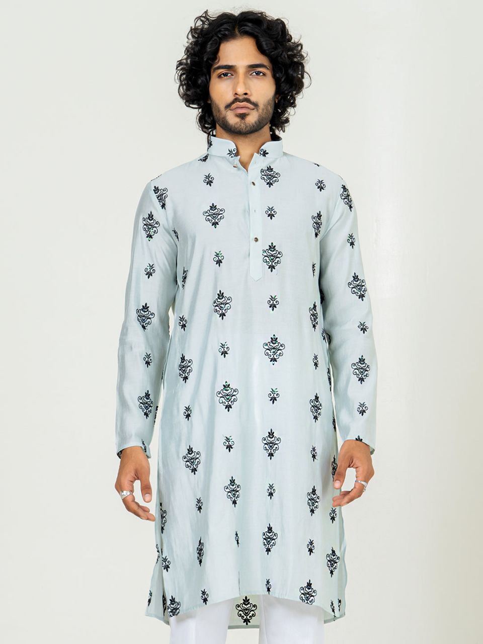 ICE Blue Buti Embroidered Work Men's Kurta with Pajama