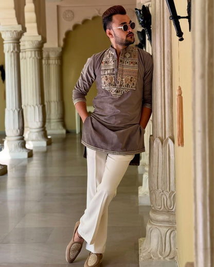 ELEPHANT Ironside Grey  Neck Embroidered Work Men's Kurta with Pajama