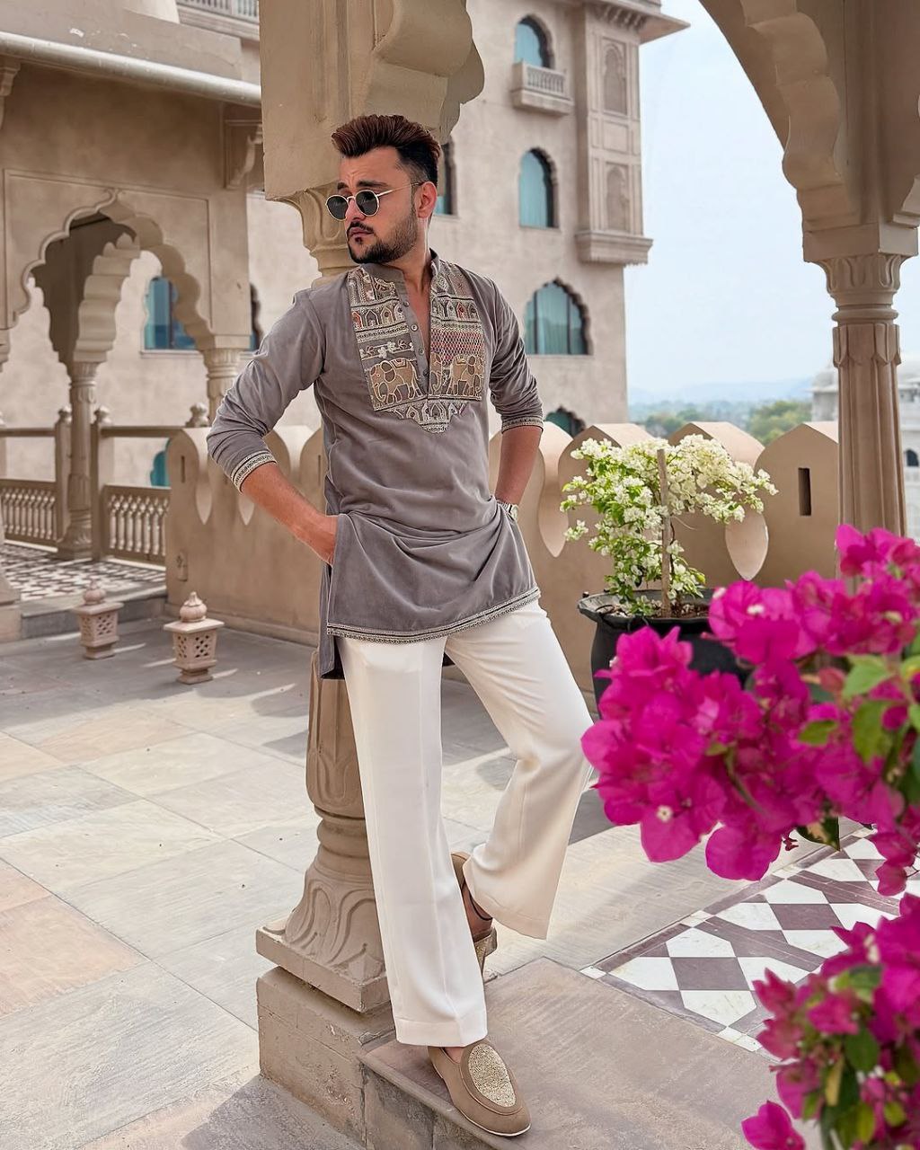 ELEPHANT Ironside Grey  Neck Embroidered Work Men's Kurta with Pajama