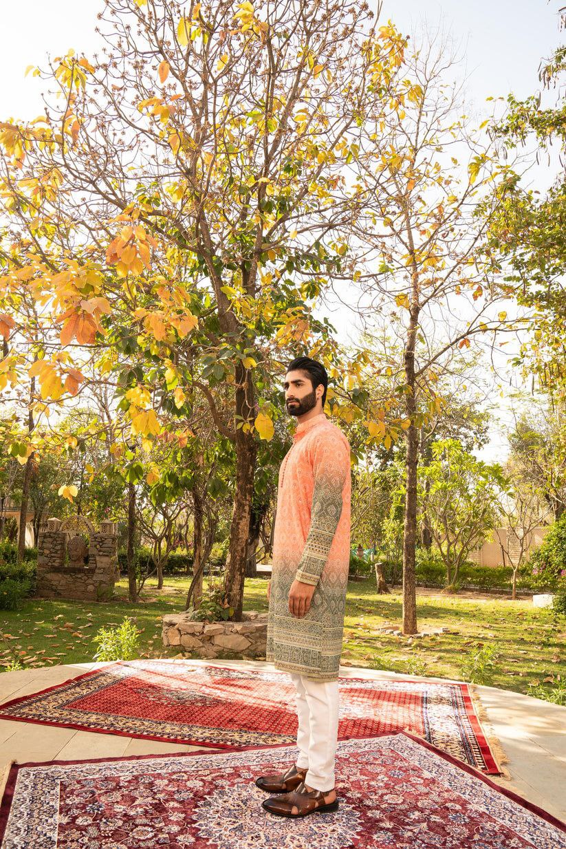 ORANGW BANDHANIPRINTED KURTA WITH PAJAMA SET