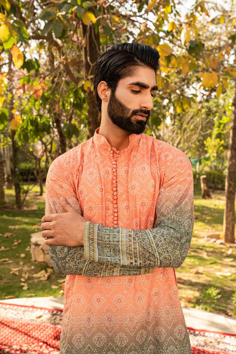 ORANGW BANDHANIPRINTED KURTA WITH PAJAMA SET